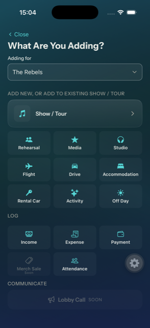 The add menu: show or tour, rehearsal, media, studio, flight, drive, accommodation, rental car, activity, off day, and income, expense and payment logging.