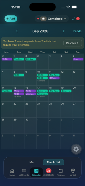 A month calendar with each artist's dates in its own colour.