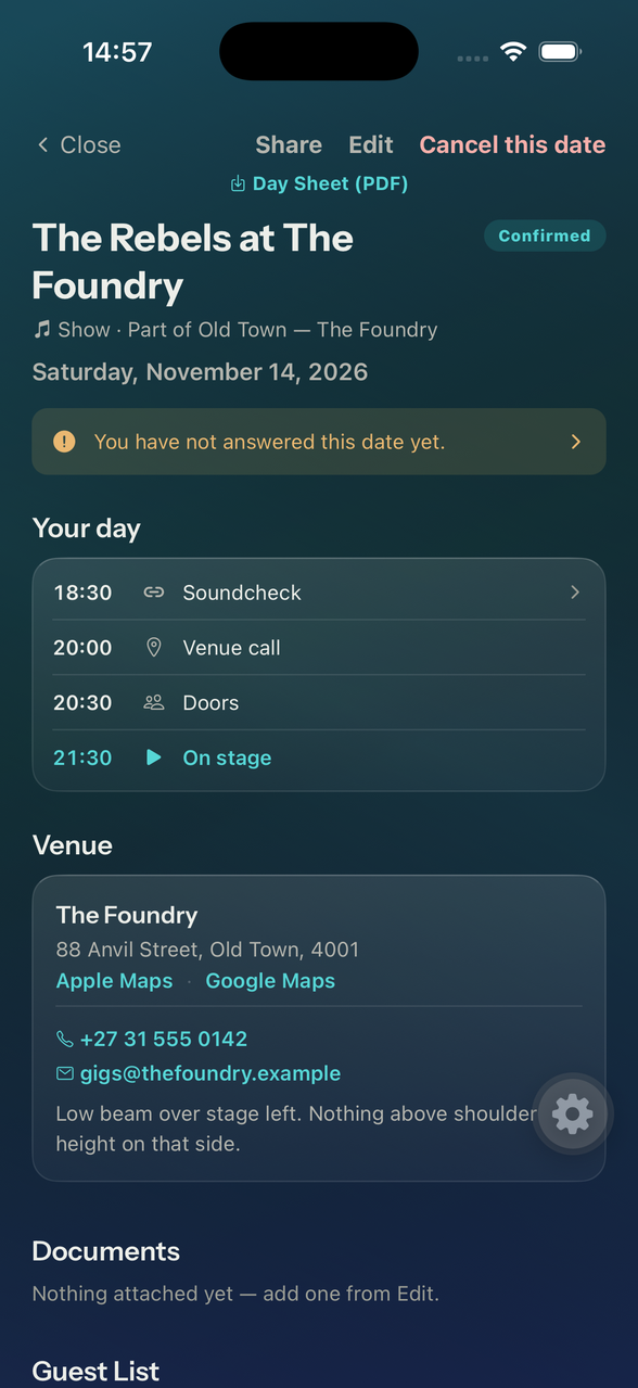 A single date showing soundcheck, venue call, doors and on-stage times, with the venue address, phone and access notes.