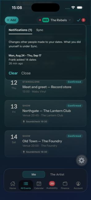 A notifications panel showing changes other people made to your dates.