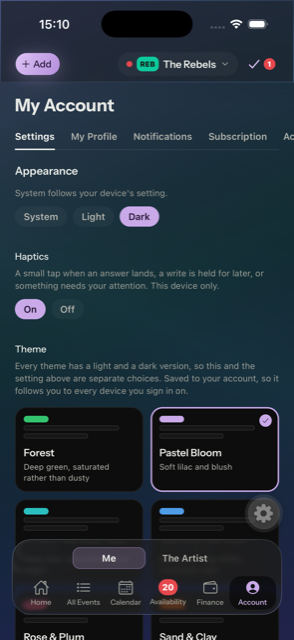 The same settings screen in dark mode, with Dark selected and the Pastel Bloom theme active.