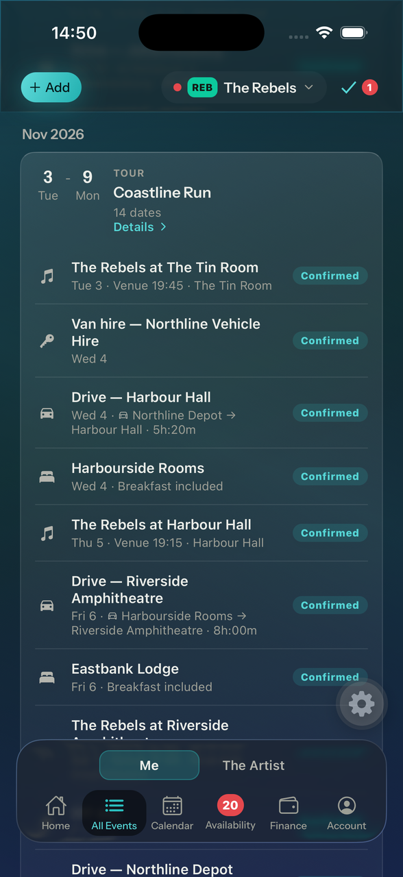 The artist switcher listing each artist with the number of dates needing a response.