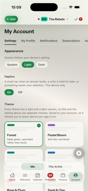 The settings screen in light mode, with Light selected and the Forest theme active.
