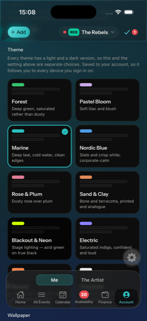 A grid of themes, each with a colour swatch and a description.