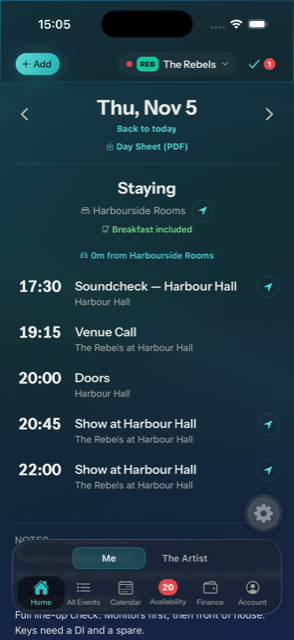 The TourWell home screen showing today's hotel check-out, drive time, soundcheck and set times.